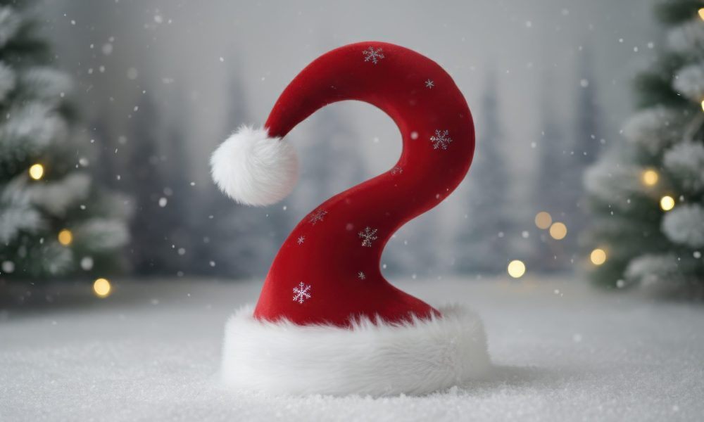 Red Santa hat shaped like question mark in snowy winter scene