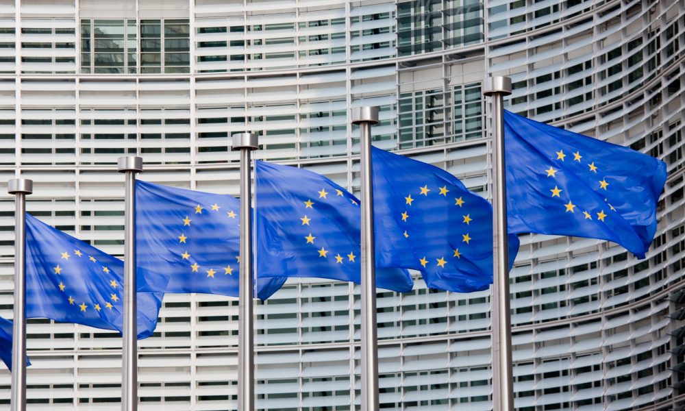 European flags in front of the Berlaymont building, headquarters of the European commission in Brussels.