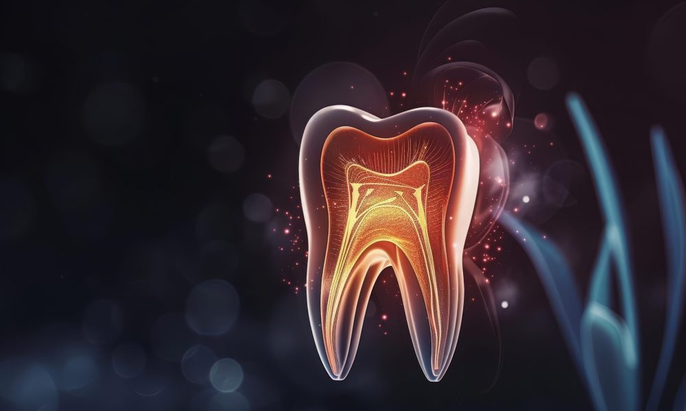 A detailed illustration of a tooth with its internal structure visible, set against a dark background with soft lighting effects, creating a visually appealing and educational image