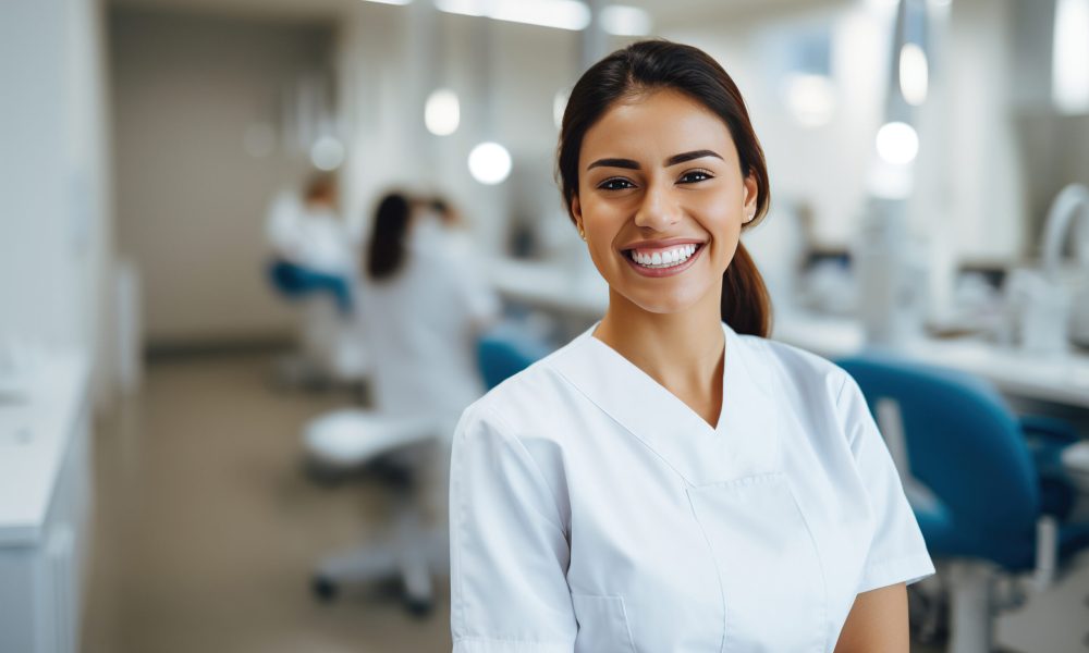 Portrait of a proud female dental hygienist student in college, smiling confidently as she represents her future occupation and the value of education