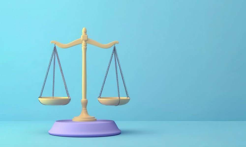 A vibrant 3D illustration of a saturated beige balance scale casting a soft shadow, embodying law, fairness, and judicial concepts