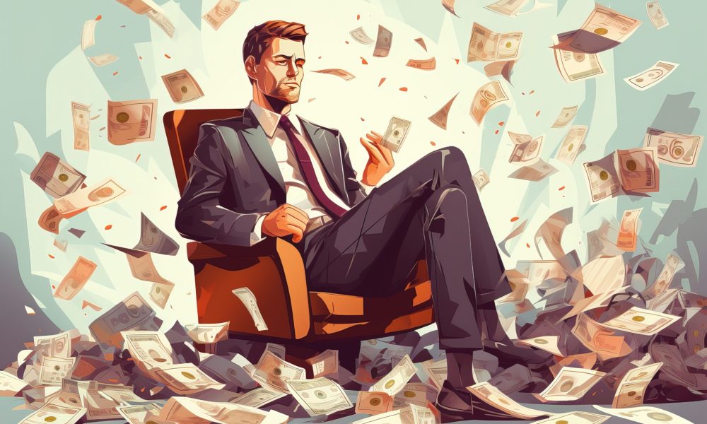 Modern illustration depicting corporate man in office setting with cash spread across the floor, representing bribery, greed and financial misconduct