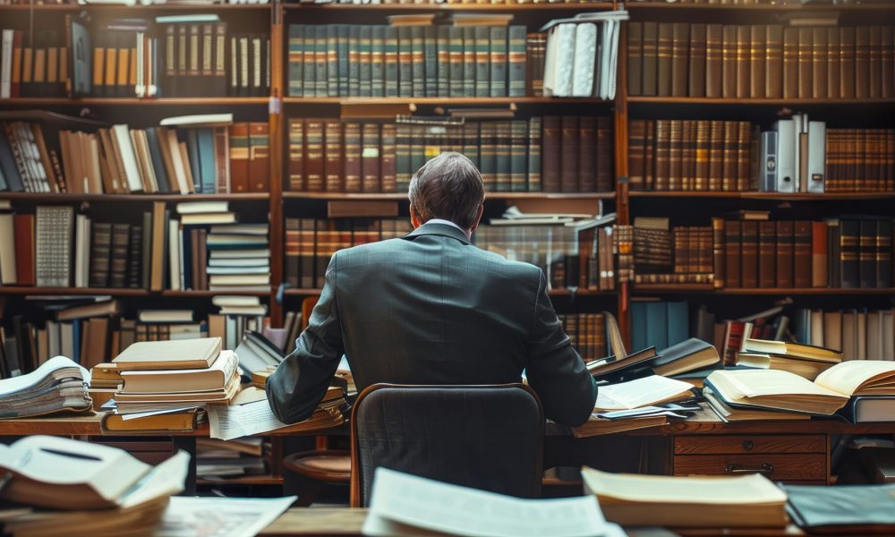 Lawyer in office, overwhelmed with legal documents on desk, bookshelves filled with law books