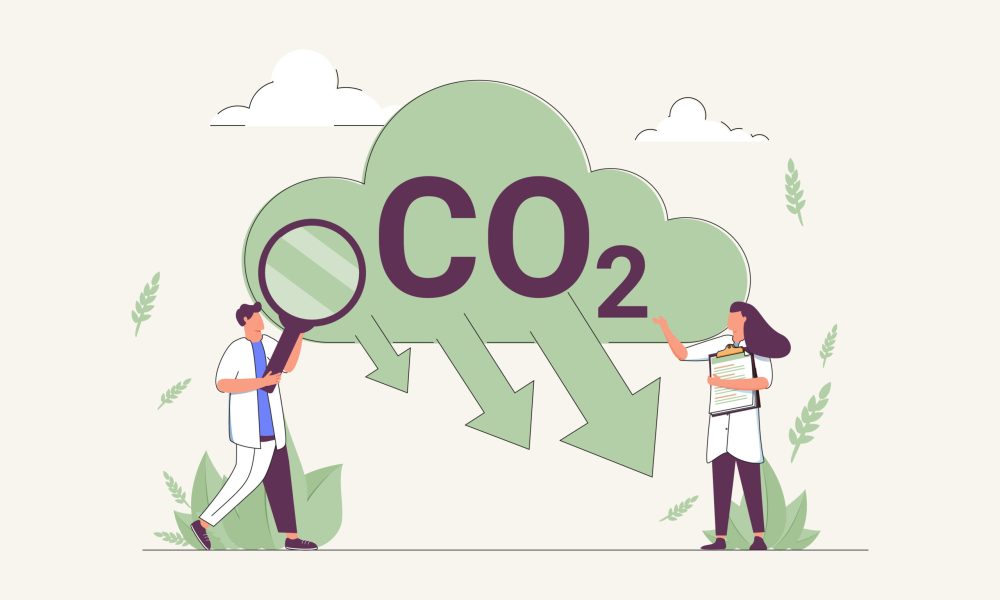 CO2 reduction to reduce carbon dioxide greenhouse gases tiny person concept. Alternative energy usage to eliminate environment danger from air contamination and exhaust smoke cloud vector illustration