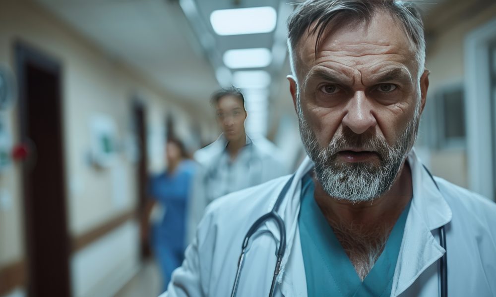 violence against health workers patient is aggressive have conflict with doctor in hospital corridor visitor holding doctor by coat screaming threatening him