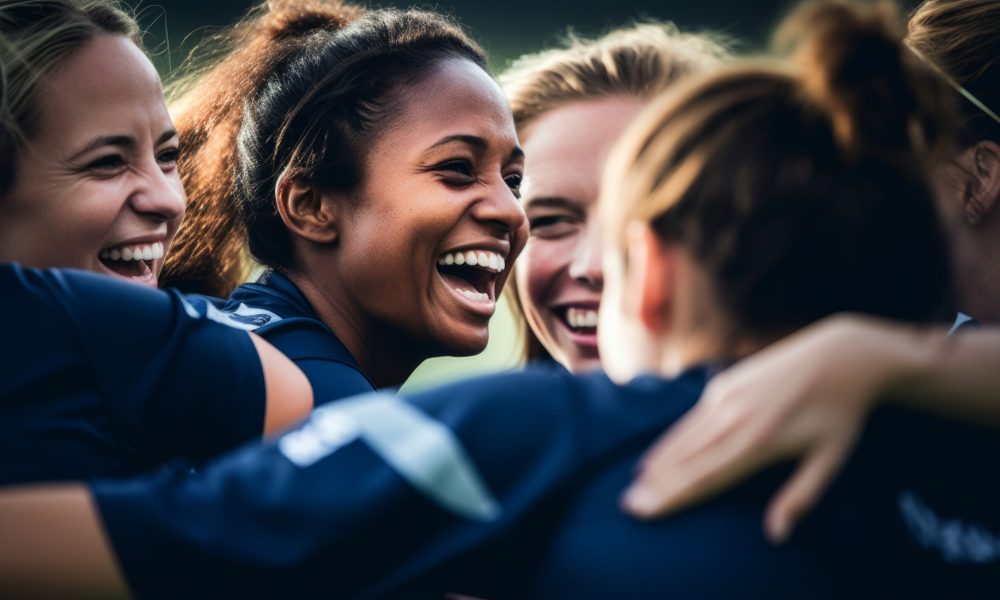 A closeup of a winning team's huddle in excitement