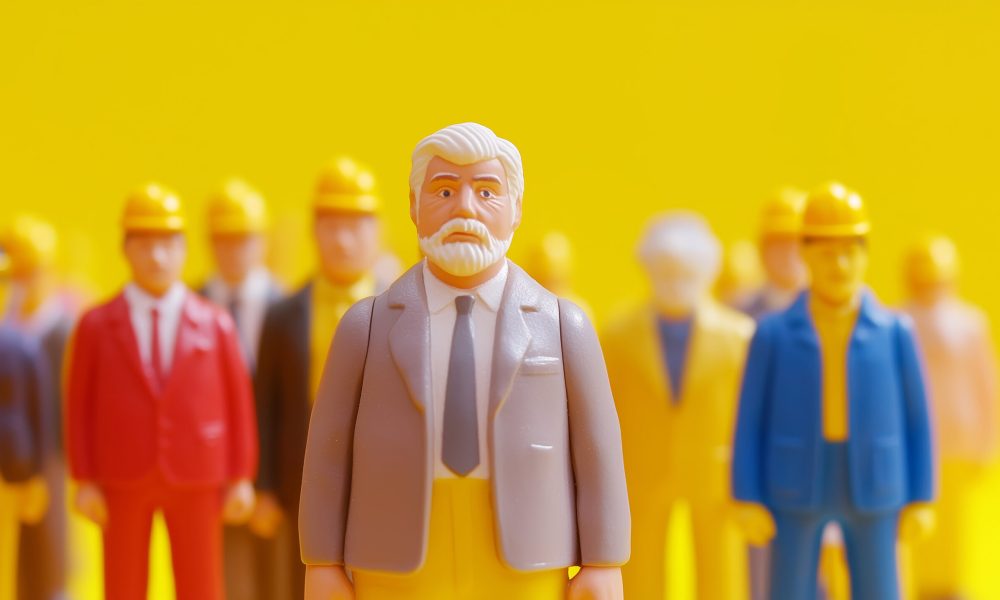 A plastic figurine of an older businessman stands confidently before toy workers in helmets, symbolizing leadership, teamwork, and management in a corporate setting.