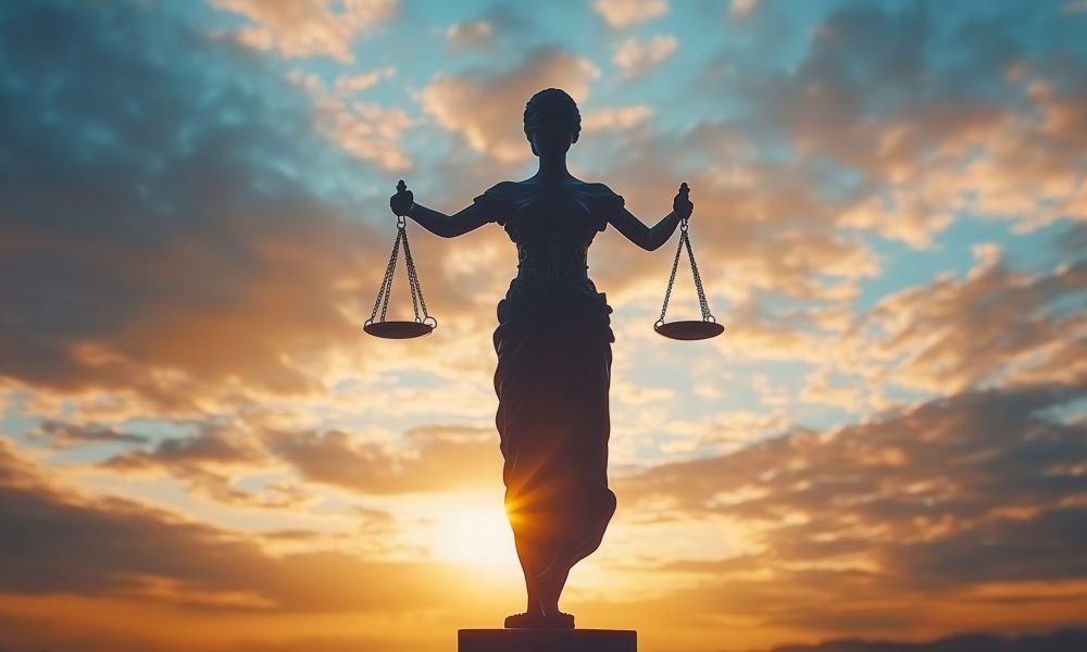 The figure balances scales against a vibrant sunset, representing justice and equality.