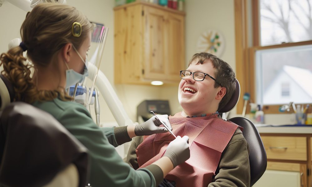 A dental hygienist assists a man with Down syndrome in a warm, welcoming room, ensuring comfort and care.