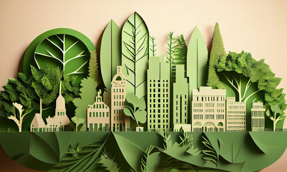 Safeguarding the Planet: Eco-Friendly Green City Concept with Trees, Buildings, and Paper Art. Generative AI