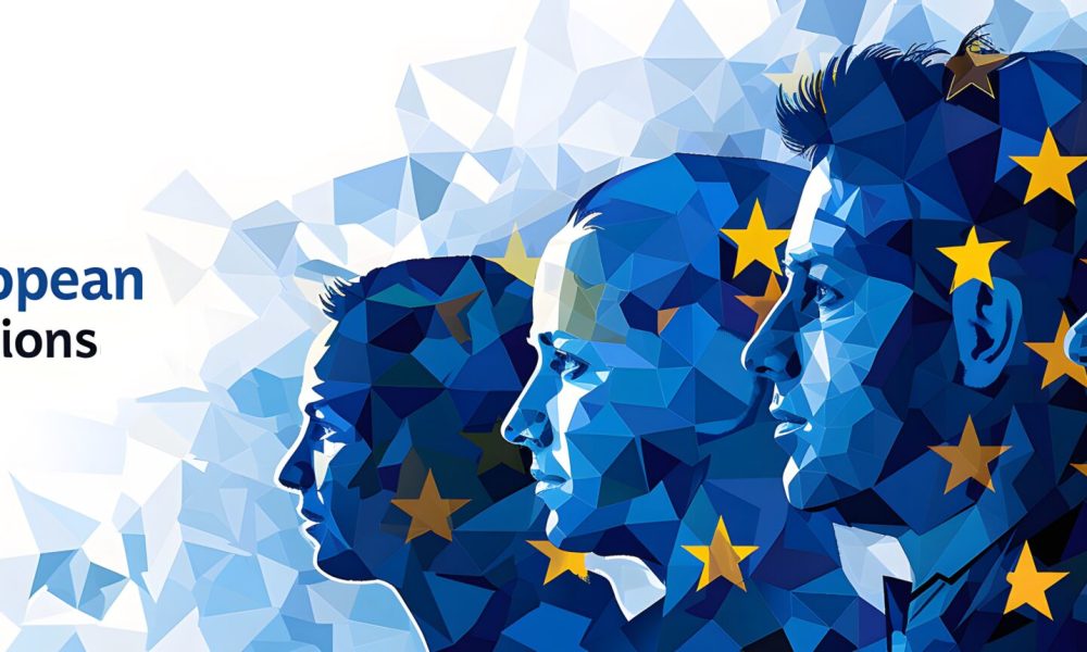 Election in Europe. Silhouettes of people on the background of the flag of the European Union.